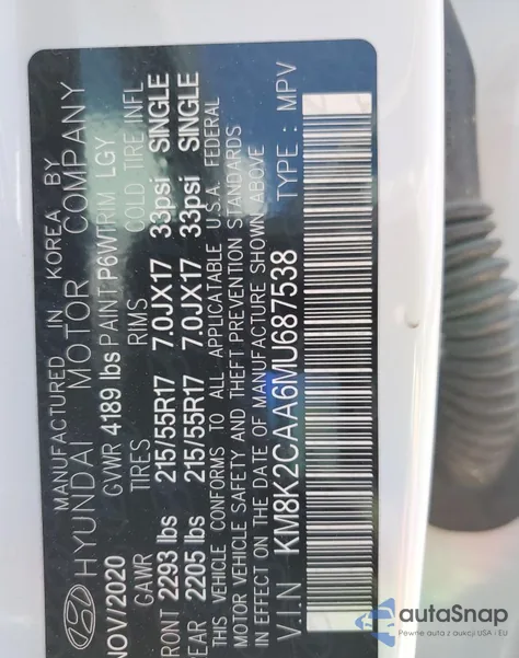 2021 Hyundai Kona Sel from USA, damaged, VIN KM8K2CAA6MU687538